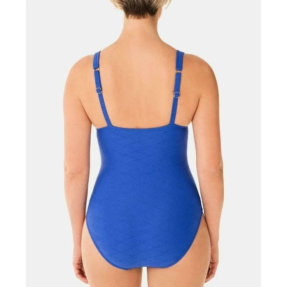 Swim Solutions Royal Blue Textured Plunge One Piece Swimsuit 18 Retail $99 - Picture 2 of 2